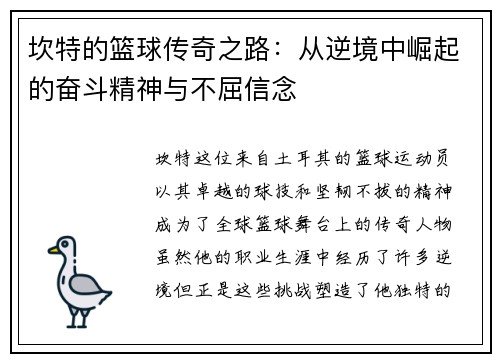 坎特的篮球传奇之路：从逆境中崛起的奋斗精神与不屈信念